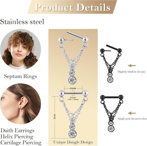 Stuppendux 2PC 16G 1.2MM Black Silver Mixed Chain Septum Clicker Ring Nose Ring Hoop Sleeper Earring Helix Rook Cartilage Daith Tragus Earrings Nose Piercing Jewelry for Women Men Length 8MM in Saudi Arabia