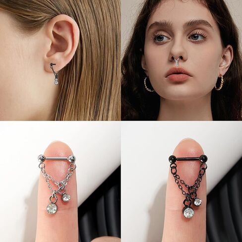 Stuppendux 2PC 16G 1.2MM Black Silver Mixed Chain Septum Clicker Ring Nose Ring Hoop Sleeper Earring Helix Rook Cartilage Daith Tragus Earrings Nose Piercing Jewelry for Women Men Length 8MM in Saudi Arabia