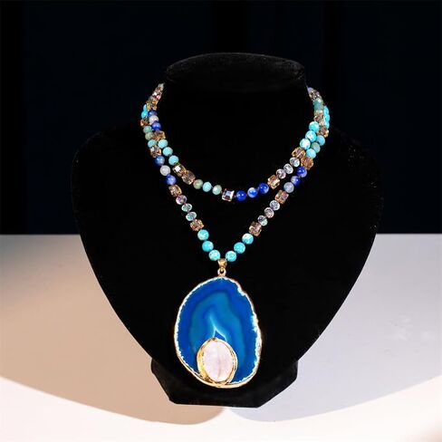 Boho Long Natural Stone Beads Pendant Necklace Crystal Hand Knotted Jewelry for Women in Saudi Arabia
