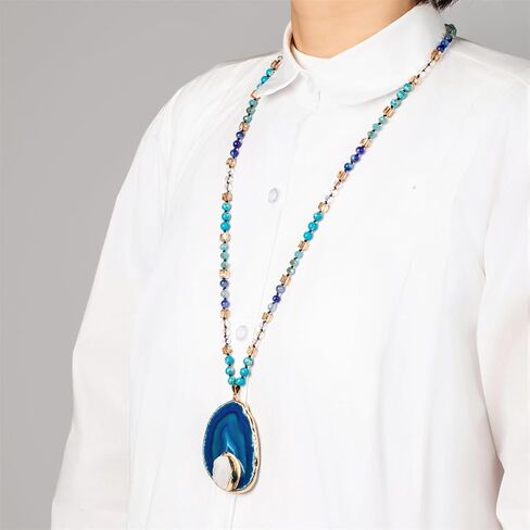 Boho Long Natural Stone Beads Pendant Necklace Crystal Hand Knotted Jewelry for Women in Saudi Arabia