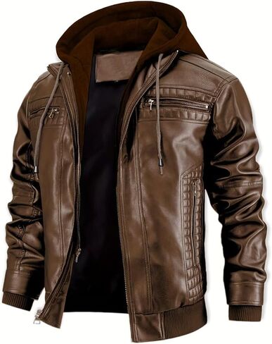 INVACHI Men's Casual Faux Leather Jacket Motorcycle Bomber Stand Collar Jacket with Removable Hood in Kuwait