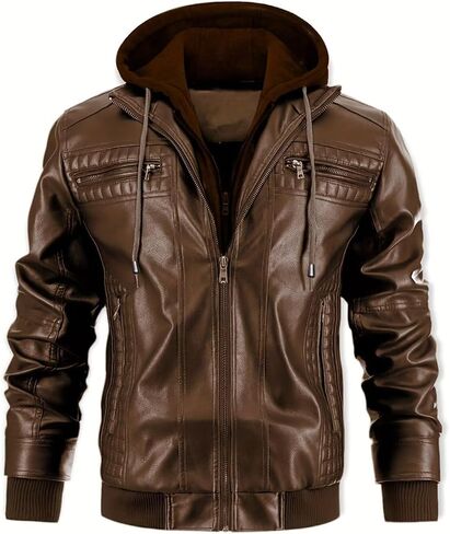 INVACHI Men's Casual Faux Leather Jacket Motorcycle Bomber Stand Collar Jacket with Removable Hood in Kuwait
