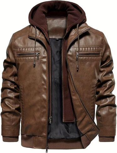 INVACHI Men's Casual Faux Leather Jacket Motorcycle Bomber Stand Collar Jacket with Removable Hood in Kuwait