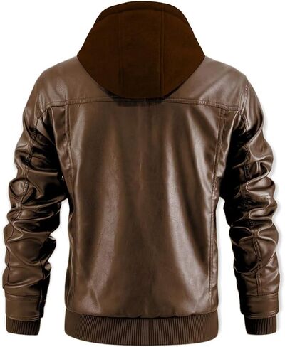 INVACHI Men's Casual Faux Leather Jacket Motorcycle Bomber Stand Collar Jacket with Removable Hood in Kuwait