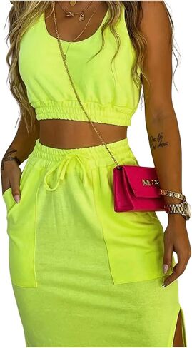 Women's 2 Piece Outfits Scoop Neck Crop Tank Top and Split Thigh Bodycon Midi Skirt Set in Saudi Arabia
