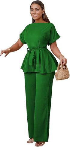 WUSENST Women's 2 Piece Outfits Suit Set Round Neck Short Sleeve Top Long Pants Church Office Business Work Wear in Saudi Arabia