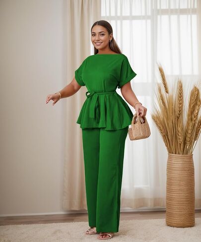 WUSENST Women's 2 Piece Outfits Suit Set Round Neck Short Sleeve Top Long Pants Church Office Business Work Wear in Saudi Arabia