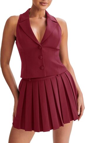 Cicy Bell Womens Summer 2 Piece Outfits V Neck Blazer Vest Matching Sets and Mini Pleated Skirts in Saudi Arabia