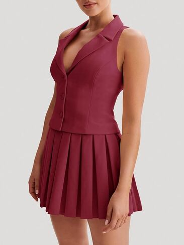 Cicy Bell Womens Summer 2 Piece Outfits V Neck Blazer Vest Matching Sets and Mini Pleated Skirts in Saudi Arabia