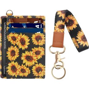 Slim Front Pocket Wallet RFID Blocking Credit Card Holder Wallet for Women Sunflower Slim Minimalist Leather Wallet Slim Wallet with Wristband