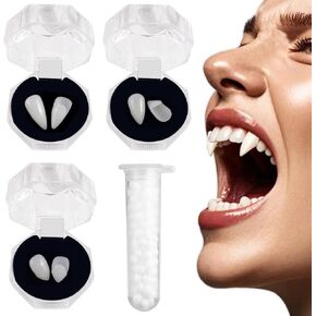 3 Pairs Halloween Vampire dentures and fangs - realistic vampire fangs dentures, 3 sizes with adhesive, 13mm, 15mm, and 17mm, Halloween role-playing props, party gifts, makeup ball accessories gifts