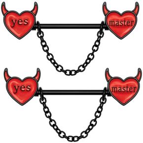 14G Devil Heart Nipple Rings for Women Surgical Steel Yes Master Naughty Words Dangle Chains Nipplerings Nipple Studs Barbell Nipple Piercing Jewelry
