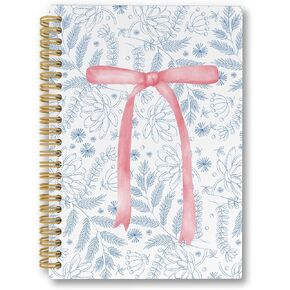 Pink Bow Coquette Notebook Journal, Girly Notebook, Preppy Notebook, Vintage Blue Floral Notebook, Aesthetic Notebook, Girly Office Desk Accessories, Spiral Notebook 5.5x8.3 Inches