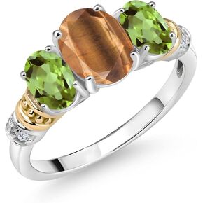 Gem Stone King 925 Sterling Silver and 10K Yellow Gold Oval Brown Tiger Eye Green Peridot and White Diamond 3 Stone Ring For Women (2.28 Cttw, Gemstone Birthstone, Available In Size 5, 6, 7, 8, 9)