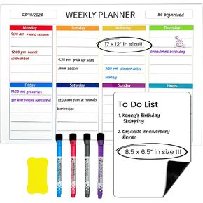 Magnetic Weekly Planner 17 x 12 Inches with Fine Grid – Magnetic Calendar for Fridge with 4 Magnetic Markers, 1 Eraser and 1 Small Dry Erase Board – Perfect Organization for Everyone