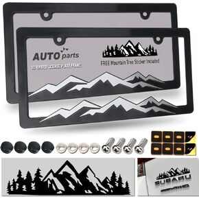 Mountain License Plate Frames- Plastic Black Car Tag Holder Bracket with Screws Caps, 2 Packs 2 Hole, Silver on Black, Mountain Vinyl Sticker Included