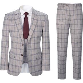 Men's 3 Pieces Slim Fit Plaid Suits Wedding Party Checked Tuxedo Blazer Jacket Vest Pants Suit Set