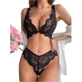 OYOANGLE Women's 2 Piece Lingerie Set Floral Lace Sheer Scallop Trim Bra and Low Rise Panty Set Nightwear