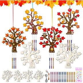 12 Pack Fall Wind Chime Kit for Kids Make You Own Maple Leaves Wind Chime IY Coloring Fall Leaves Shape Wooden Arts Fall Craft for Girls Boys Activity Birthday Autumn Party Deocration