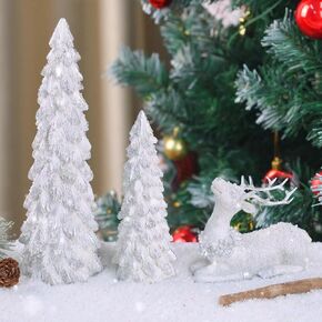3 Pack Christmas Trees and Reindeer Figurines Decoration- 2 Glittered Christmas Tree Statues and 1 Deer Vintage Christmas Decor Set, Resin Ornaments Tabletop Shelf Office Display Stand Indoor(Gold)