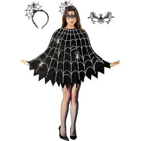3 Pcs Spider Web Poncho for Women,Spider Web Costume Dress with Headband& Mask,Halloween Costume for Women