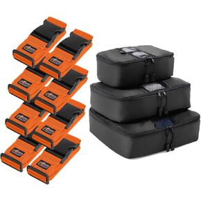 Gorilla Grip Luggage Straps and Packing Cubes, Luggage Straps Tightening Belts 8 Pack in Orange, Packing Cubes with Zipper Pack of 3 in Black, 2 Item Bundle
