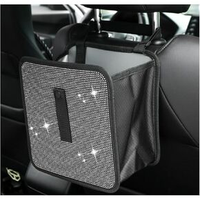 Foldable Car Trash Can, Bling Rhinestone Oxford Auto Hanging Garbage Bag, Crystal Leakproof Foldable Waste Organizer Universal for Most Vehicles, Interior Car Accessories (White)