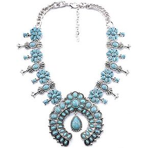 Boho Turquoise Flower Collar Necklace for Women Vintage Bohemian Statement Squash Blossom Stone Bib Necklaces Exaggerate Long Hippie Fashion Big Horseshoe Pendant Choker Western Costume Party Jewelry Gifts