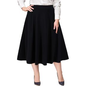 Moon Wood Women's Plus Size Midi Skirt High Elastic Waist A-Line Flared Skater Skirts with Pockets