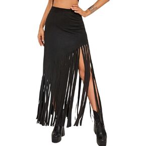 Ella Lust Womens Cowgirl Fringe Maxi Skirts - Western Country Concert Outfits Bodycon Hem Tassel High Waist Long Pencil Skirt
