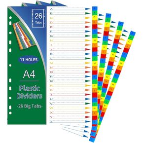 4Pcs Binder Dividers A4, 26 Tabs A-Z Subject File Divider Plastic Index, Multiple Colours 26 Letters Folder Tabs Assorted for Office, School