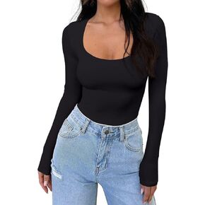PINKMSTYLE Womens Scoop Neck Long Sleeve Bodysuits Sexy Double Lined Going Out Tops Fall Outfits 2024