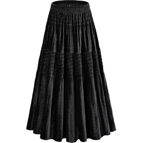Women's Velvet Pleated Midi Skirt Elastic High Waist Fall Winter Tiered A-Line Party Long Skirts