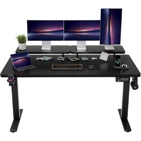Shahoo Electric Standing Desk with Monitor Shelf, 63 x 27 Inches Height Adjustable Corner Table, Computer Workstation with Cup Holder and Hook for Home Office, Brown, 63x27 Inch, Rustic Brwon