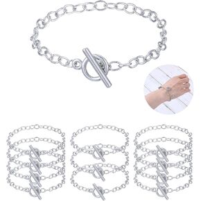 12 Pcs Chain Bracelet Charm Bracelet Chain Alloy Silver Link Cuban Bracelet Chains With Ot Toggle Clasps for Women Men For Jewelry Making DIY Charm Bracelets Set