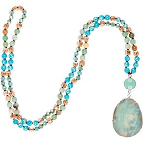 Boho Long Natural Stone Beads Pendant Necklace Crystal Hand Knotted Jewelry for Women