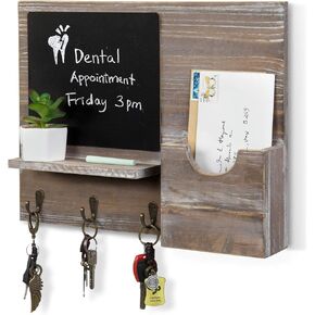 MyGift Rustic Brown Wood Wall Mounted Mail Holder and Key Organizer Rack with 3 Hooks, Small Chalkboard Memo Board and Display Ledge for Entryway, Office, Home Office, Dorm Room