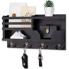 Mail and Key Holder for Wall – Decorative 15.9" x 8.7" x 3.2" Entryway Organizer with Shelf – Paulownia Wood with 4 Dual Hooks Includes Mounting Hardware and Installation Guide
