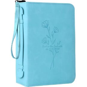 Bible Cover Case for Women,PU Leather Bible Cover for Men Women with Handle,Blue Bible Book Cover, Bible Bag with Embossed Floral, Carrying Case Bible Protective Christian Gift