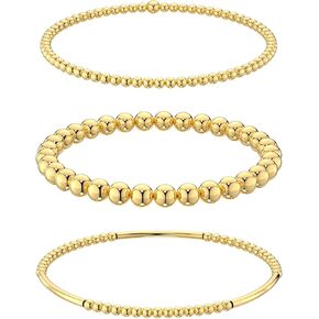 5PCS Gold Bracelets for Women Stack 14K Real Gold Plated Beaded Bracelets Set Dainty Gold Stretch Bracelets Jewelry for Women