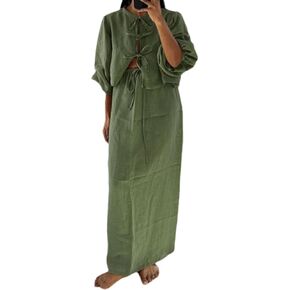 Women Casual Loose Linen 2 Piece Sets Women Outfit Puff Long Sleeve Tie Up Blouse High Waist Long Skirts Set