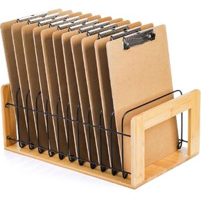 Youeon Vertical Clipboard Holder, 12 Slot Bamboo and Metal Clipboard Stand, Desk File Organizer Storage Rack for Home, Office, Classroom, No Assembly Required