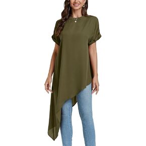 LYANER Women's Casual Mock Neck Short Sleeve Irregular Hem Loose Blouse Long Shirt Top