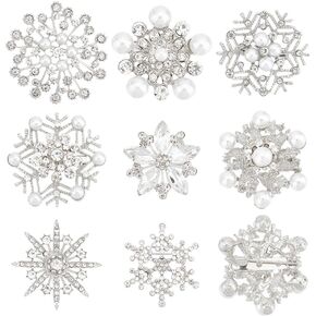 BENECREAT 8PCS Snowflake Crystal Lapel Pin Brooches, Christmas Silver Crystal Fashion Pearl Brooches Decorative Pins for Wedding Collar, Shirt, Cardigan, Dresses, Scarves, Jacket