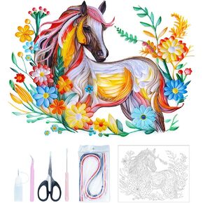Uniquilling Quilling Kits مجموعة اللف الورقية للبالغين المبتدئين، 16 * 20 بوصة حصان مع أدوات اللف الورقية واستخدام الدليل، مجموعات DIY للبالغين مجموعات الطلاء الورقية الجدارية الفنية