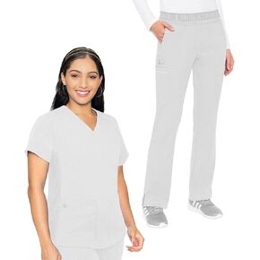 Med Couture Scrub Set for Women, 11 Pockets with V-Neck Scrub Top MC7459 and Comfortable Scrub Pants, MC7739, White - XL Top/XL Petite Pant