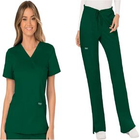 Cherokee Scrub Set for Women Modern Classic Fit Mock Wrap Top WW610 with Mid Rise Moderate Flare Drawstring Pant-WW120, Hunter Green - L Top/L Petite Pant