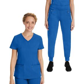 Healing Hands Scrub Set for Women Yoga Collection Juliet Top 2245 Juliet with Tara Scrub Pants 9233 with 2-Way Stretch Fabric, Royal - M Top/M Petite Pant in Kuwait