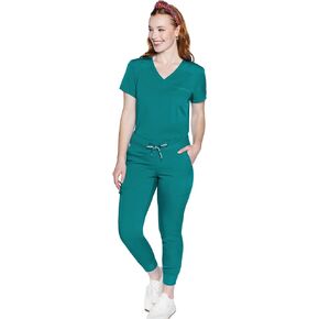 Med Couture Women's Scrub Set with V- Neck Scrub Top MC7448 and 2-Way Stretch Pants 7710, Teal - L Top/L Petite Pant