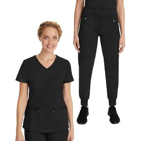 Healing Hands Scrub Set for Women Yoga Collection Juliet Top 2245 Juliet with Tara Scrub Pants 9233 with 2-Way Stretch Fabric, Black - M Top/M Petite Pant